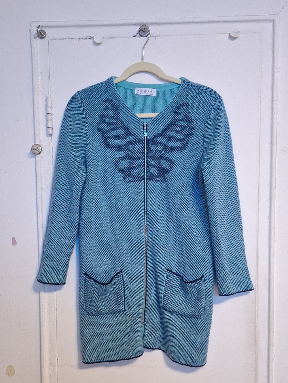 Anne Marie Teal, Turquoise Zip-Front Knit Cardigan
